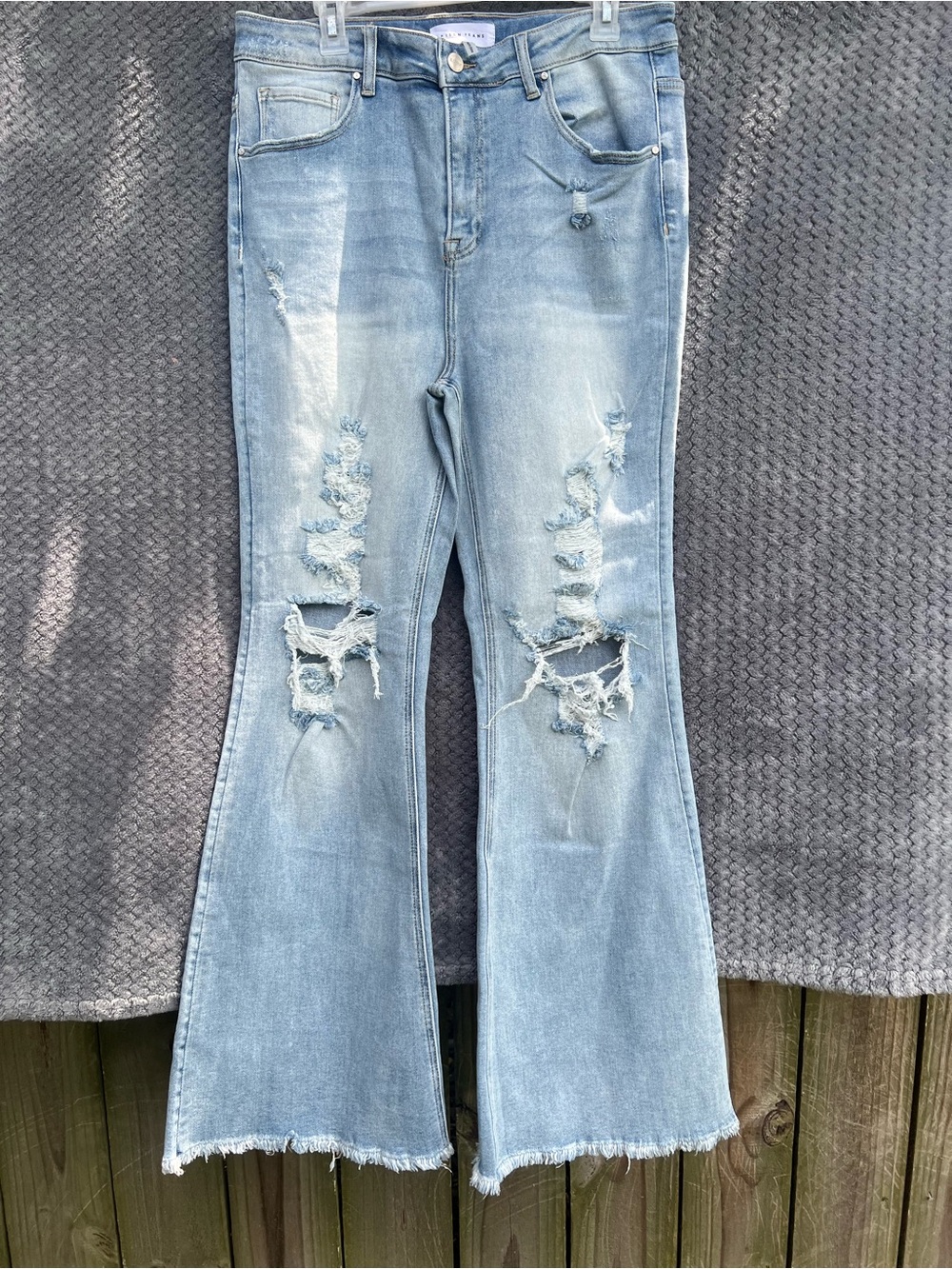Light Blue Distressed Flare Jeans - Women